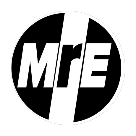 Black and white logo with 'MRE' text inside a circular design