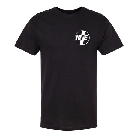 Black t-shirt with a logo on the chest against a white background