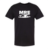 Black t-shirt with 'MRE' logo on a white background