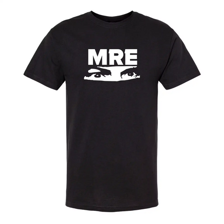 Black t-shirt with 'MRE' logo on a white background