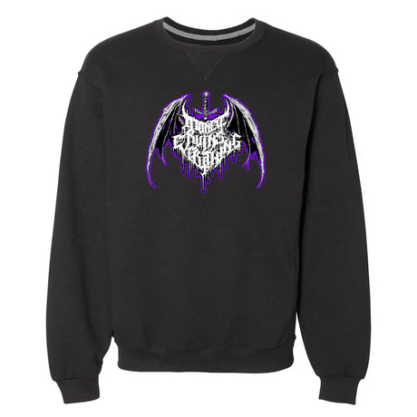 Black sweatshirt with a graphic design on a white background