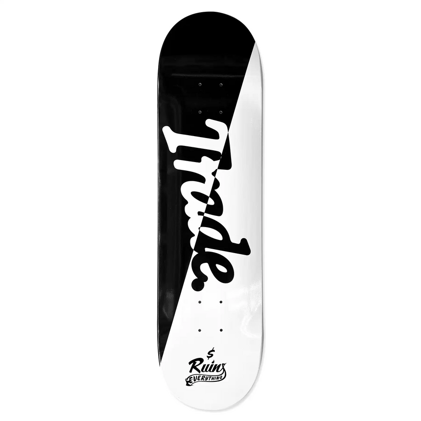 Skateboard deck with 'Trade' and 'Ruins Everything' text on a white background