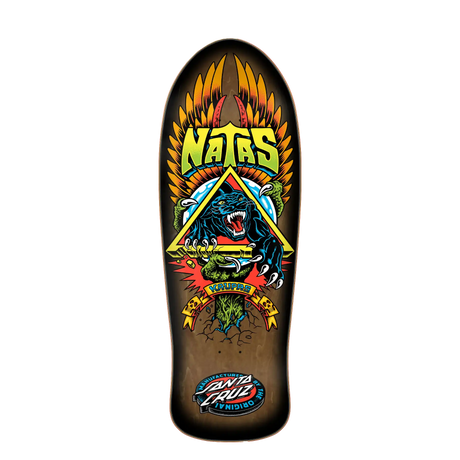 Skateboard deck with colorful design featuring a panther and text on a white background