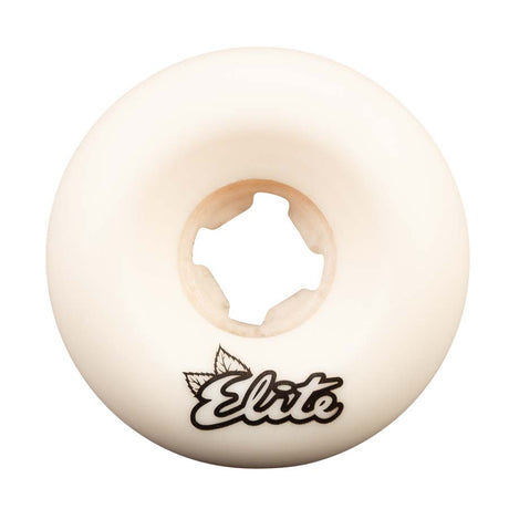 White skateboard wheel with 'Elite' branding on a white background