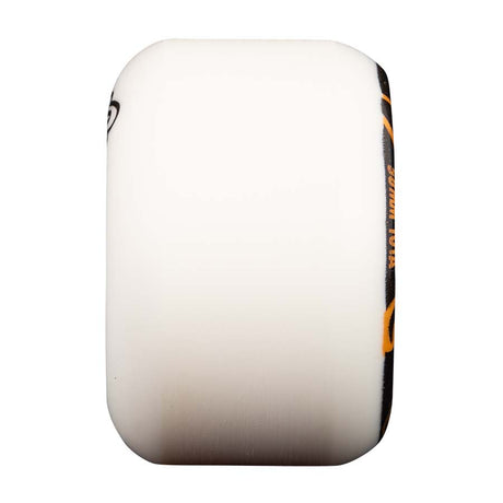 White skateboard wheel with black and orange rim on a white background
