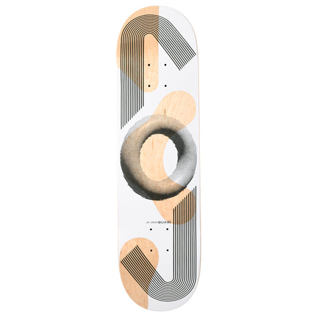 Skateboard deck with geometric design on a white background