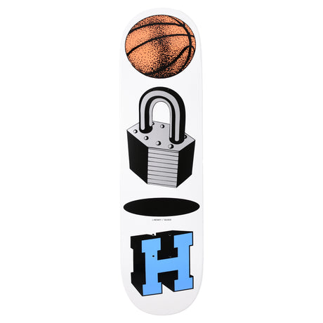 Skateboard deck with basketball, lock, and 'H' logo design on a white background