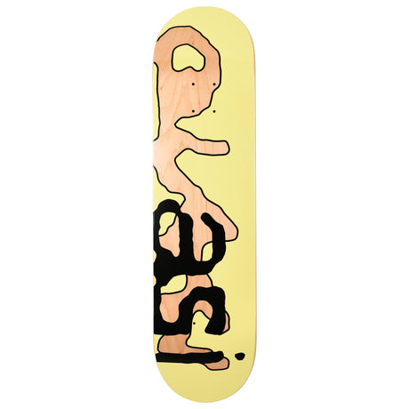 Skateboard deck with abstract design of a hand holding a foot on a yellow background