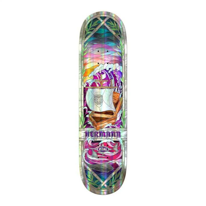 Colorful skateboard deck with a design and branding on a white background
