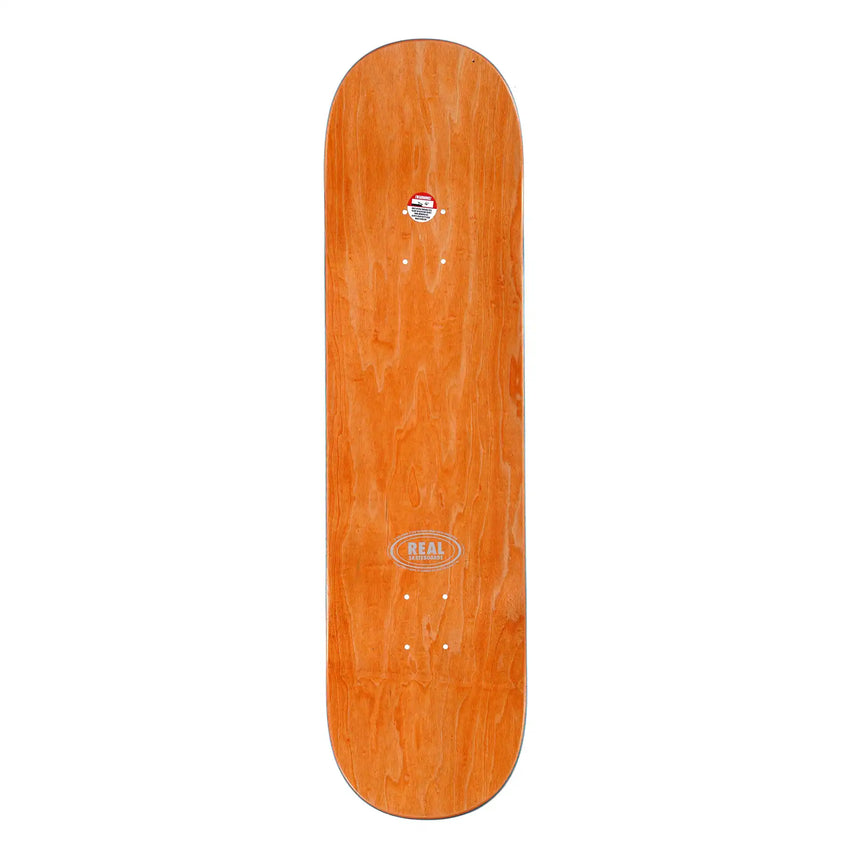 Orange skateboard deck with 'Real' logo on a white background
