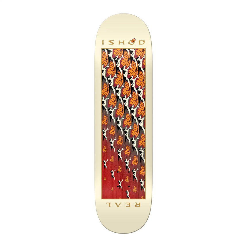 Skateboard deck with butterfly and dog pattern on a white background