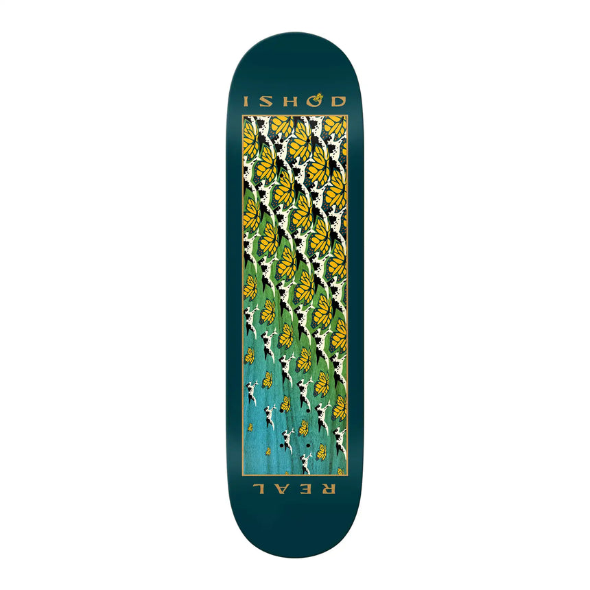 Skateboard deck with butterfly and dog pattern on a green background