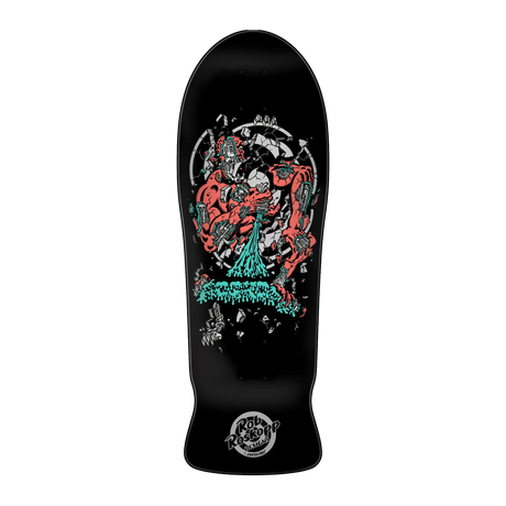 Black skateboard deck with colorful graphic design on a white background