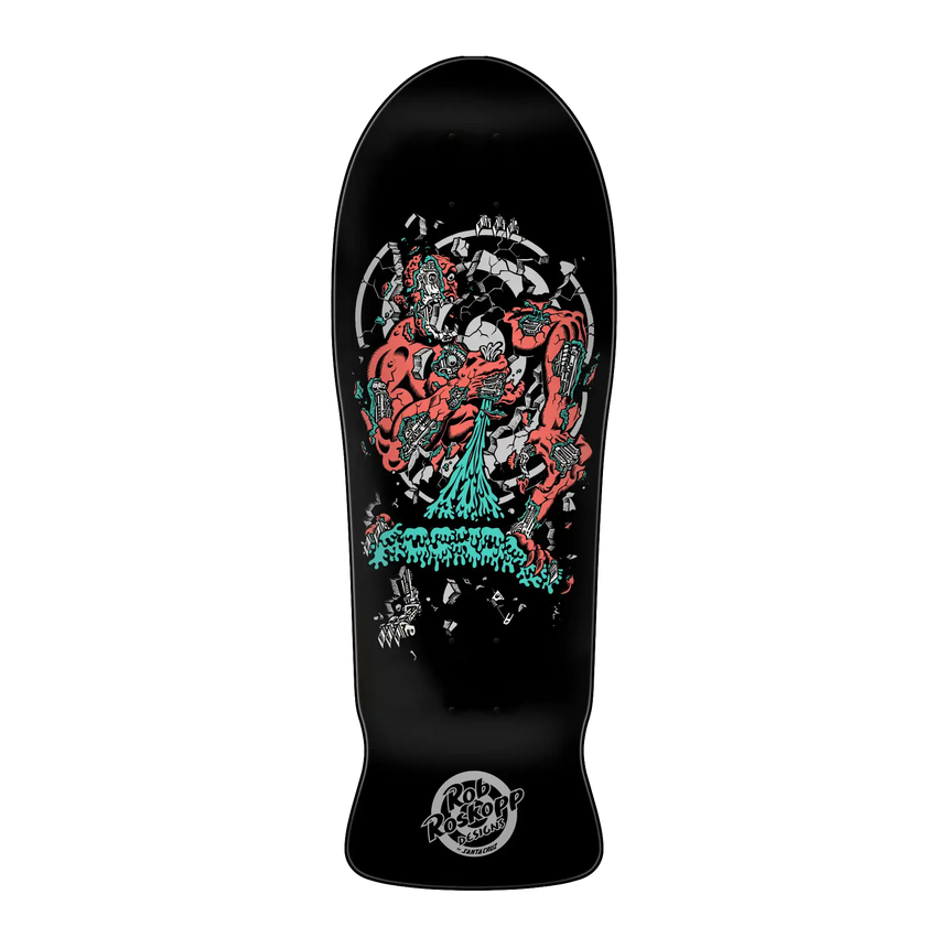 Black skateboard deck with colorful graphic design on a white background