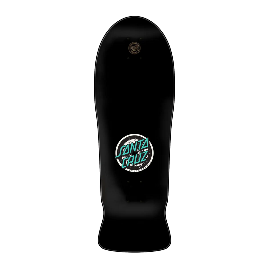 Black skateboard deck with Santa Cruz logo on a white background