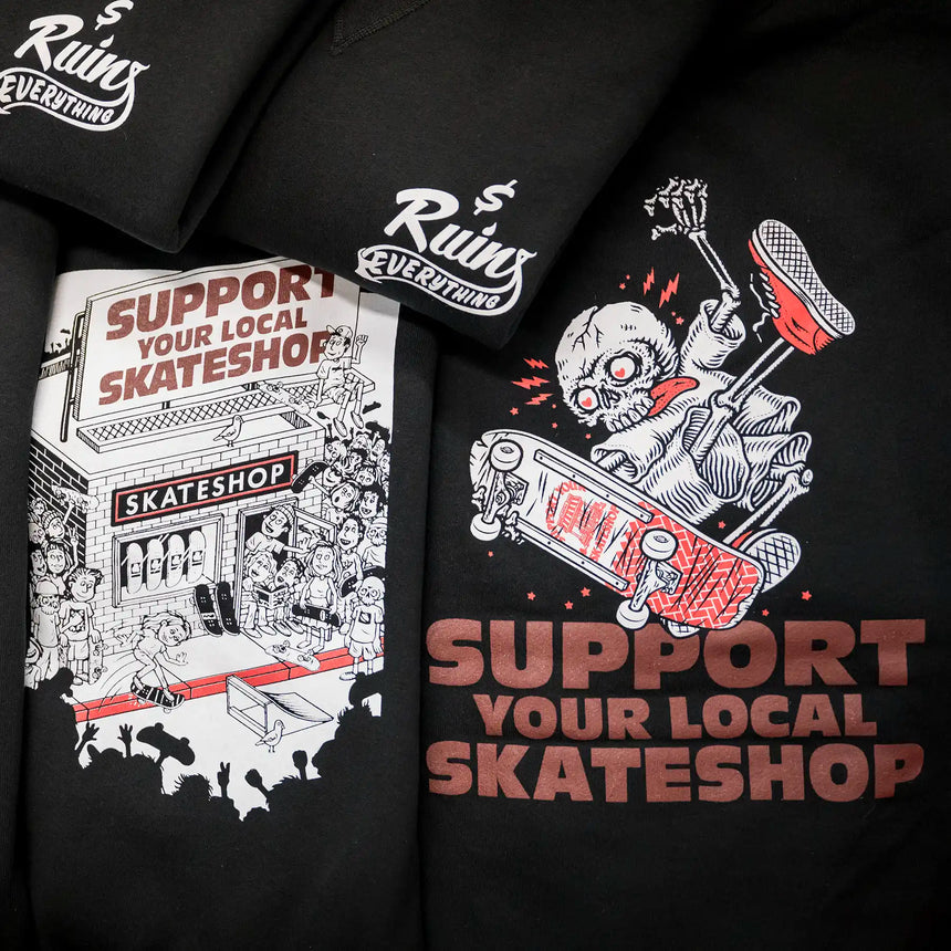 Skateshop Day tee and crew graphics