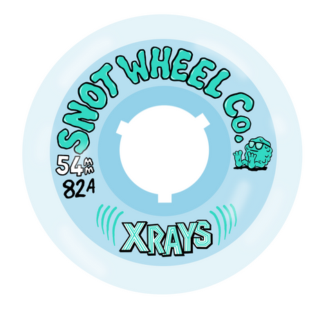 Snot Wheel Co. XRAYS skateboard wheel with blue and green design on a white background