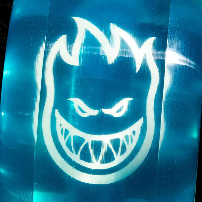White logo on a blue background