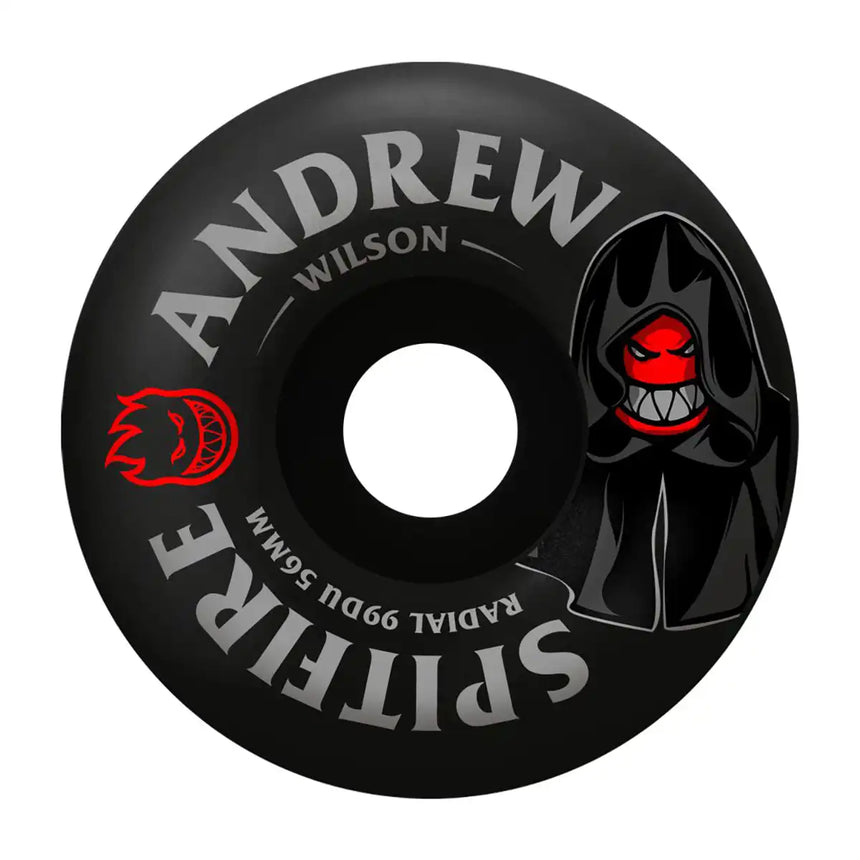 Black skateboard wheel with 'Andrew Wilson' and 'Spitter' branding, featuring a character design.