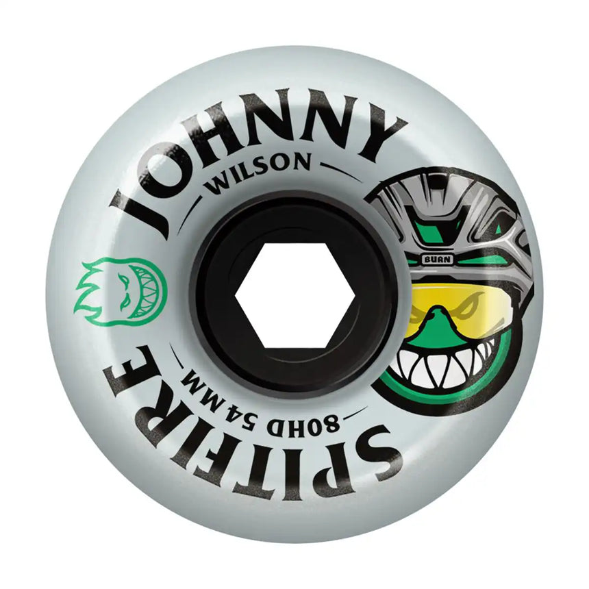 Skateboard wheel with 'Johnny Wilson' and 'Spittere' branding on a white background