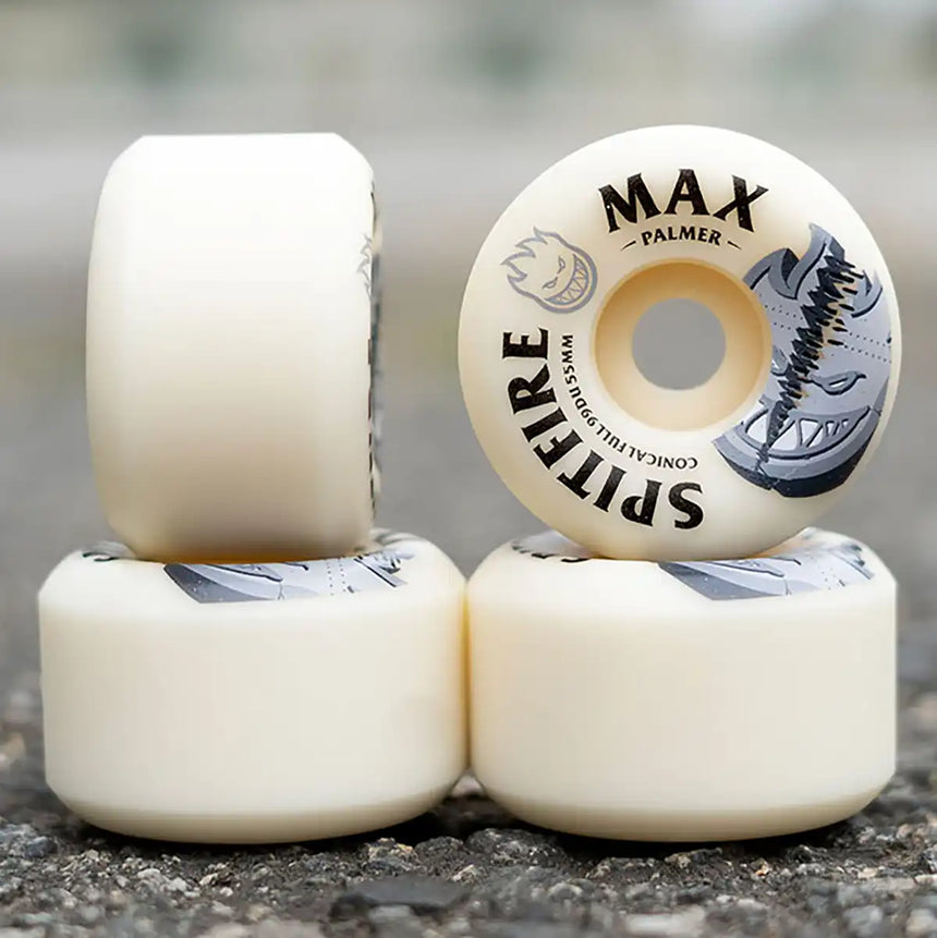 Skateboard wheels with 'Spitfire' and 'Max Palmer' branding on a blurred background