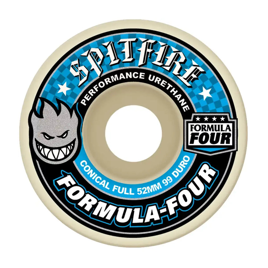 Spitfire Formula Four skateboard wheel with blue and black label on a white background