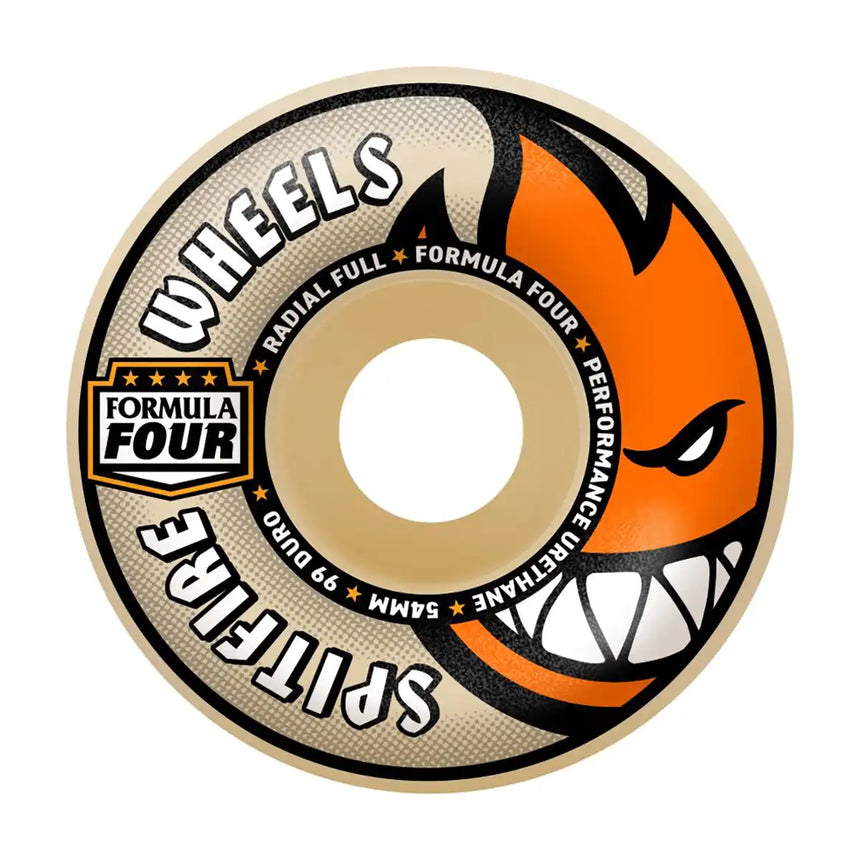 Skateboard wheel with 'Formula Four' branding and a fiery design on a white background