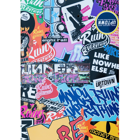 Money Ruins Everything Stickerbomb Skateboard Deck detail
