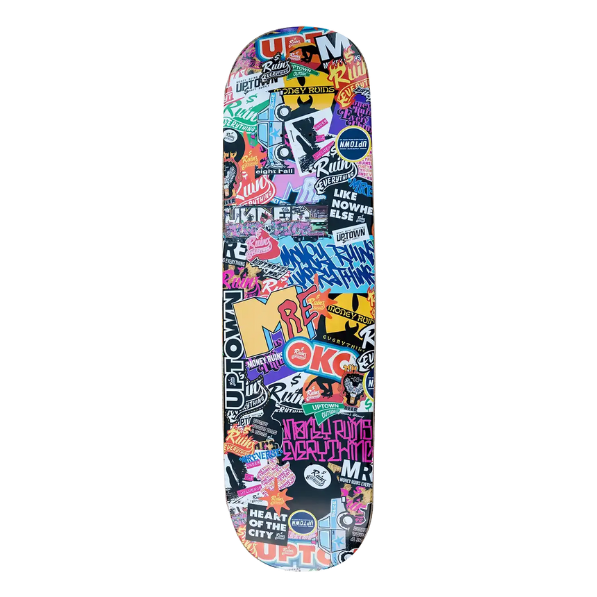 Money Ruins Everything Stickerbomb Skateboard Deck - Full Shape