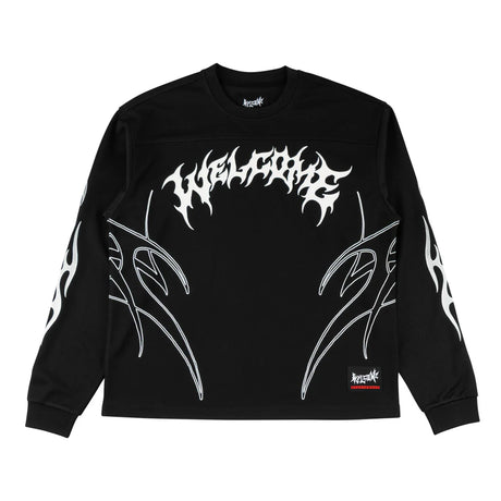 Black long-sleeve shirt with white graphic design on a white background
