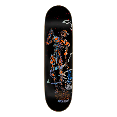 Skateboard deck with robot graphic on a black background