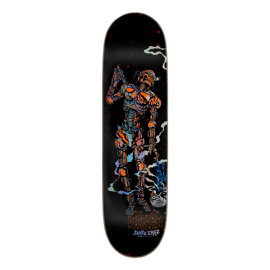 Skateboard deck with robot graphic on a black background