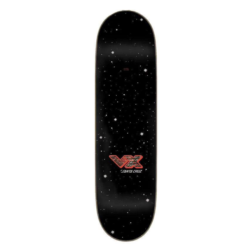 Black skateboard deck with a red and white logo on a white background