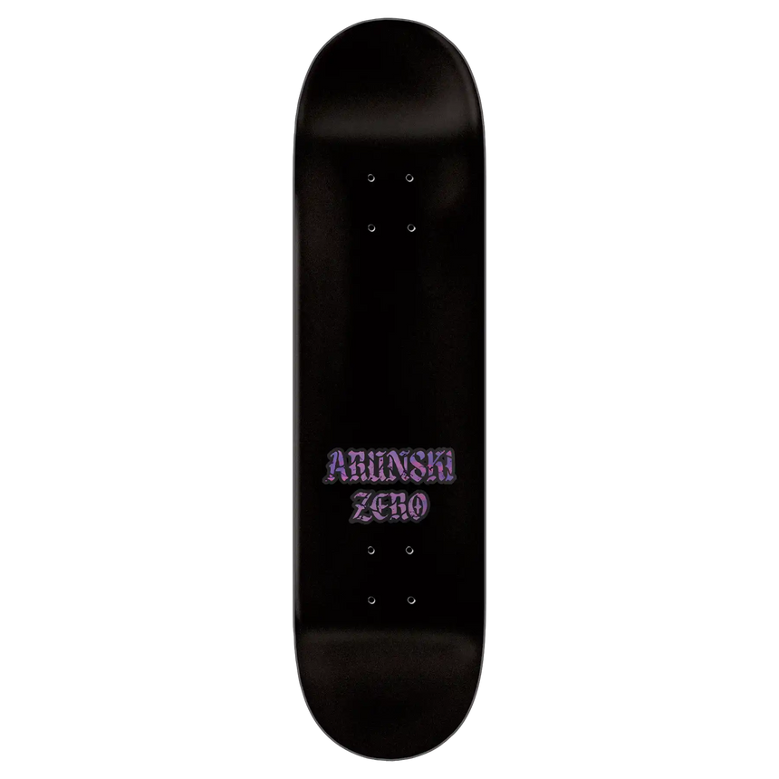Black skateboard deck with 'ABUNSH ZERO' text on a white background