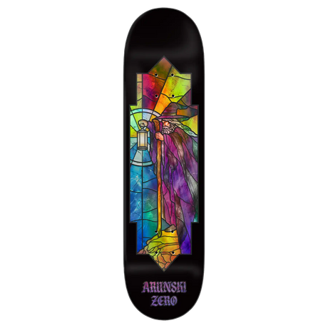Skateboard deck with colorful stained glass design and 'ABUNSHI ZENO' branding on a black background