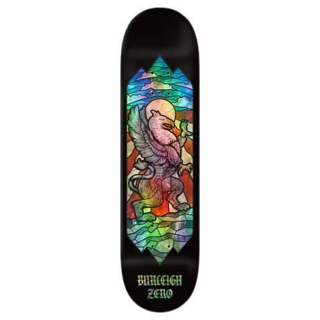 Skateboard deck with colorful dragon design and 'Burleigh Zero' branding on a black background