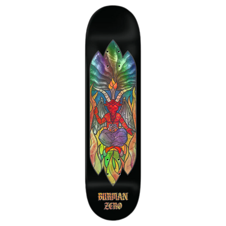 Skateboard deck with colorful dragon design and 'Burton Zero' branding on a black background