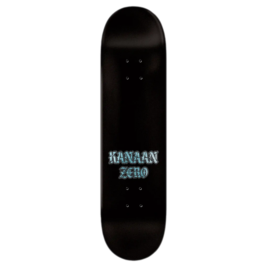 Black skateboard deck with 'Kanaan Zero' text on a white background