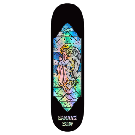Skateboard deck with angel design and 'Kanaan' branding on a white background