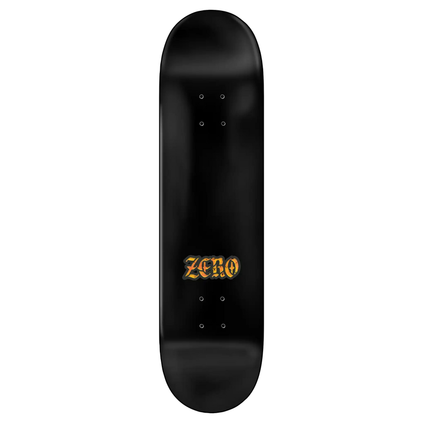 Black skateboard deck with 'Zero' logo on a white background