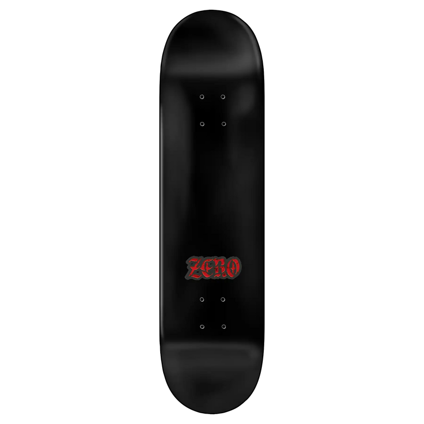 Black skateboard deck with 'Zero' logo on a white background