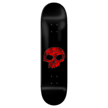 Black skateboard deck with a red skull design on a white background