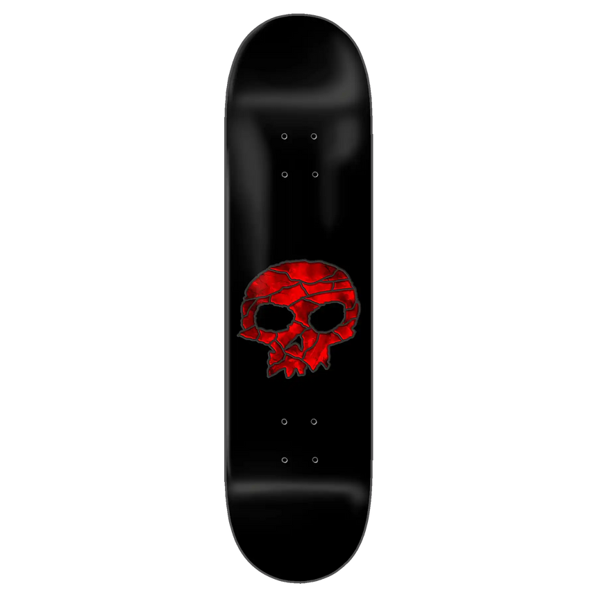 Black skateboard deck with a red skull design on a white background